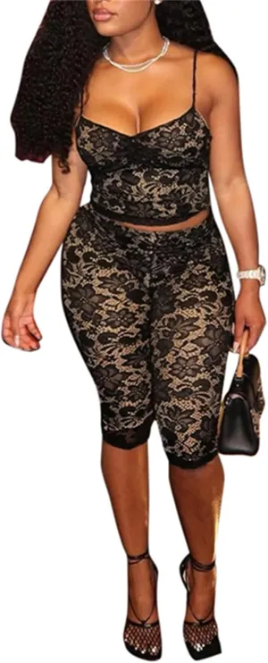 CALEBGAR 2 Piece Lingerie sets for Women Sexy Floral Lace Camisole Crop Tops Capri Leggings Jumpsuit Birthday Club Outfits