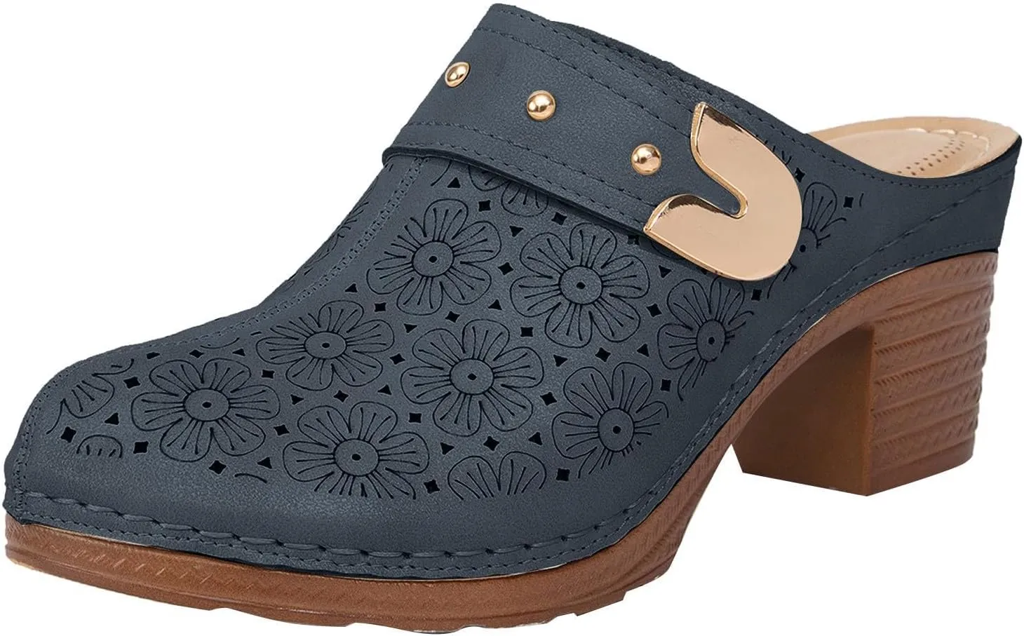 Chunky Heels Sandals for Women Summer Breathable Hollow Out Closed Toe Mules Retro Flower Pattern Slip On Slides Loafer Shoes Comfortable Low Heel Slip-on Wooden Clogs