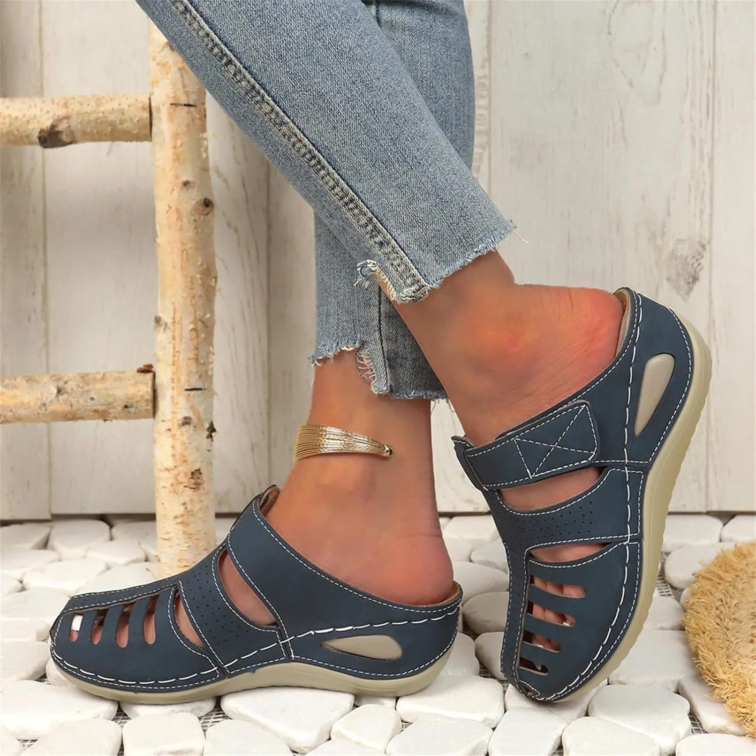 Clogs for Women Mules Shoes Comfortable Dressy Closed Toe Platform Sandals Summer Orthopedic Comfort Casual Adjustable Ankle Strap Hook Loop Bohemia Gladiator Slip On Walking Wedge Slippers