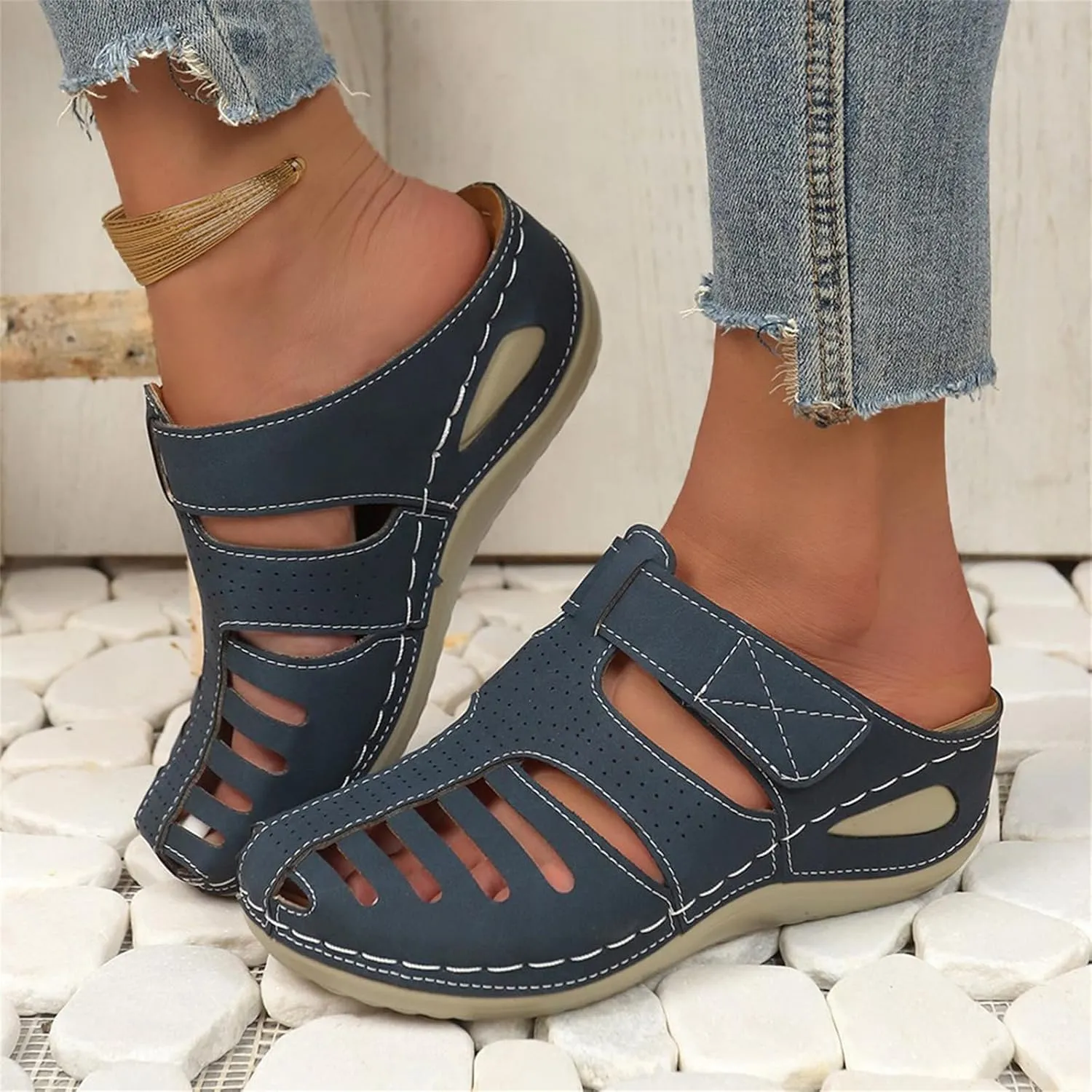 Clogs for Women Mules Shoes Comfortable Dressy Closed Toe Platform Sandals Summer Orthopedic Comfort Casual Adjustable Ankle Strap Hook Loop Bohemia Gladiator Slip On Walking Wedge Slippers