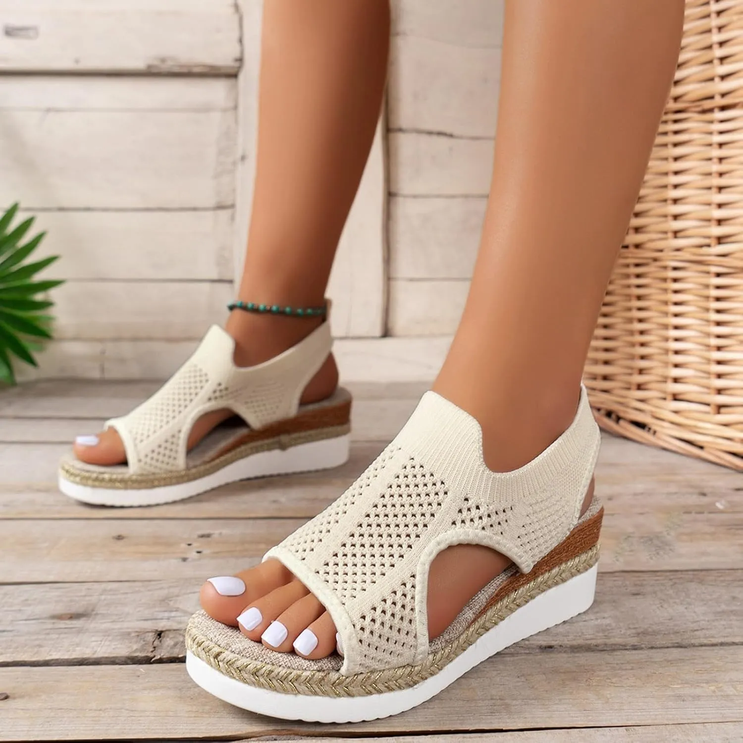 Closed Toe Sandals Women Summer Casual Hollow Strappy Flat Buckle Strap Comfort Insoles, Stylish Jute Wrapped Bottom Design Arch Support Wedge Platform Sandals