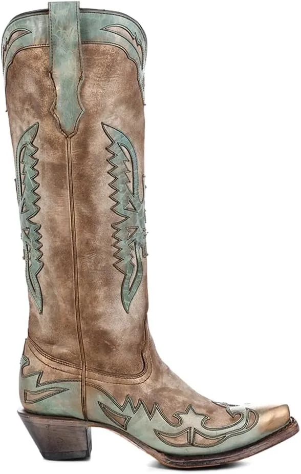 CORRAL LADIE'S BONE/TURQUOISE EAGLE OVERLAY, LEATHER SOLE, COWHIDE LEATHER, WESTERN BOOT, A4302