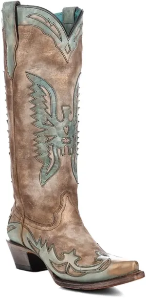 CORRAL LADIE'S BONE/TURQUOISE EAGLE OVERLAY, LEATHER SOLE, COWHIDE LEATHER, WESTERN BOOT, A4302