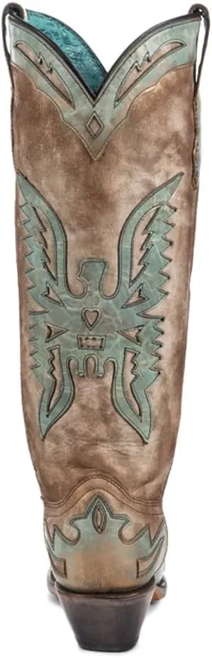 CORRAL LADIE'S BONE/TURQUOISE EAGLE OVERLAY, LEATHER SOLE, COWHIDE LEATHER, WESTERN BOOT, A4302