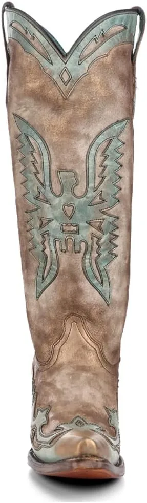 CORRAL LADIE'S BONE/TURQUOISE EAGLE OVERLAY, LEATHER SOLE, COWHIDE LEATHER, WESTERN BOOT, A4302