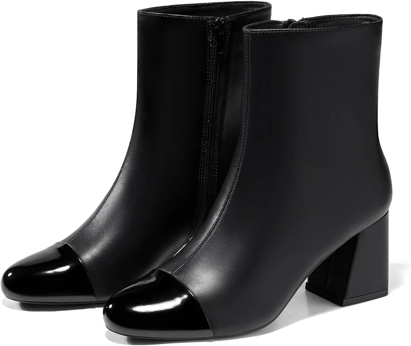 Coutgo Womens Ankle Boots Chunky Block Heel Two Tone Round Toe Side Zipper Dress Fall Booties Shoes