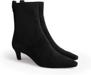 Coutgo Womens Ankle Boots Low Kitten Heel Pointed Toe Slip On Elastic Dressy Fall Winter Booties Shoes