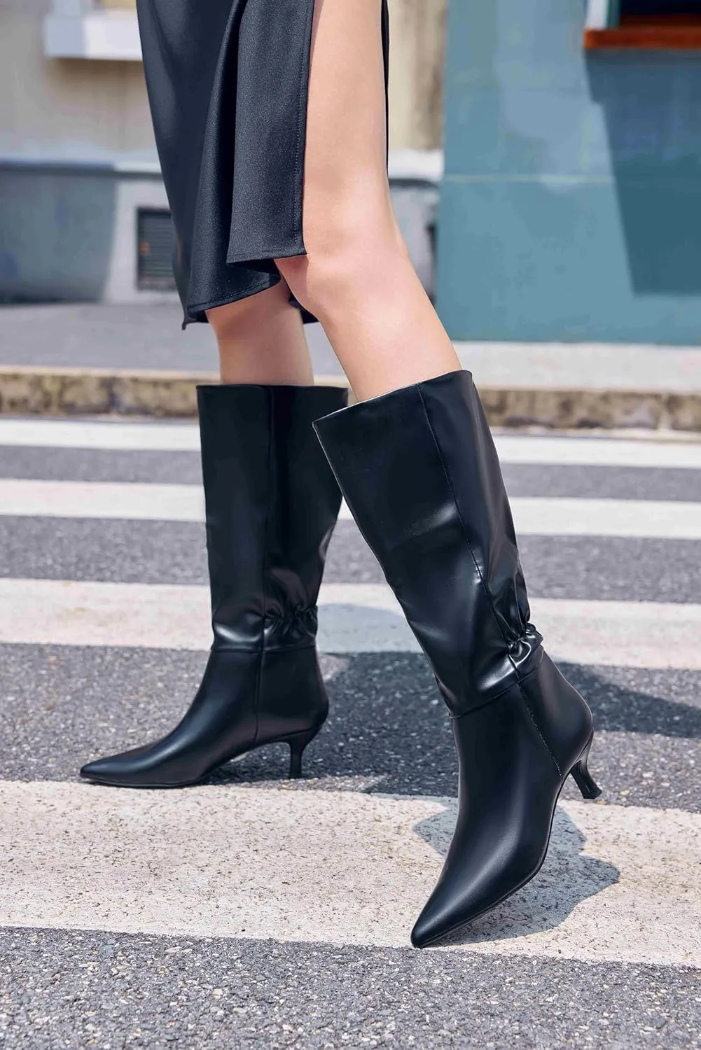 Coutgo Womens Kitten Heel Knee High Boots Pointed Toe Tall Boots Pull On Winter Dress Long Boot Shoes