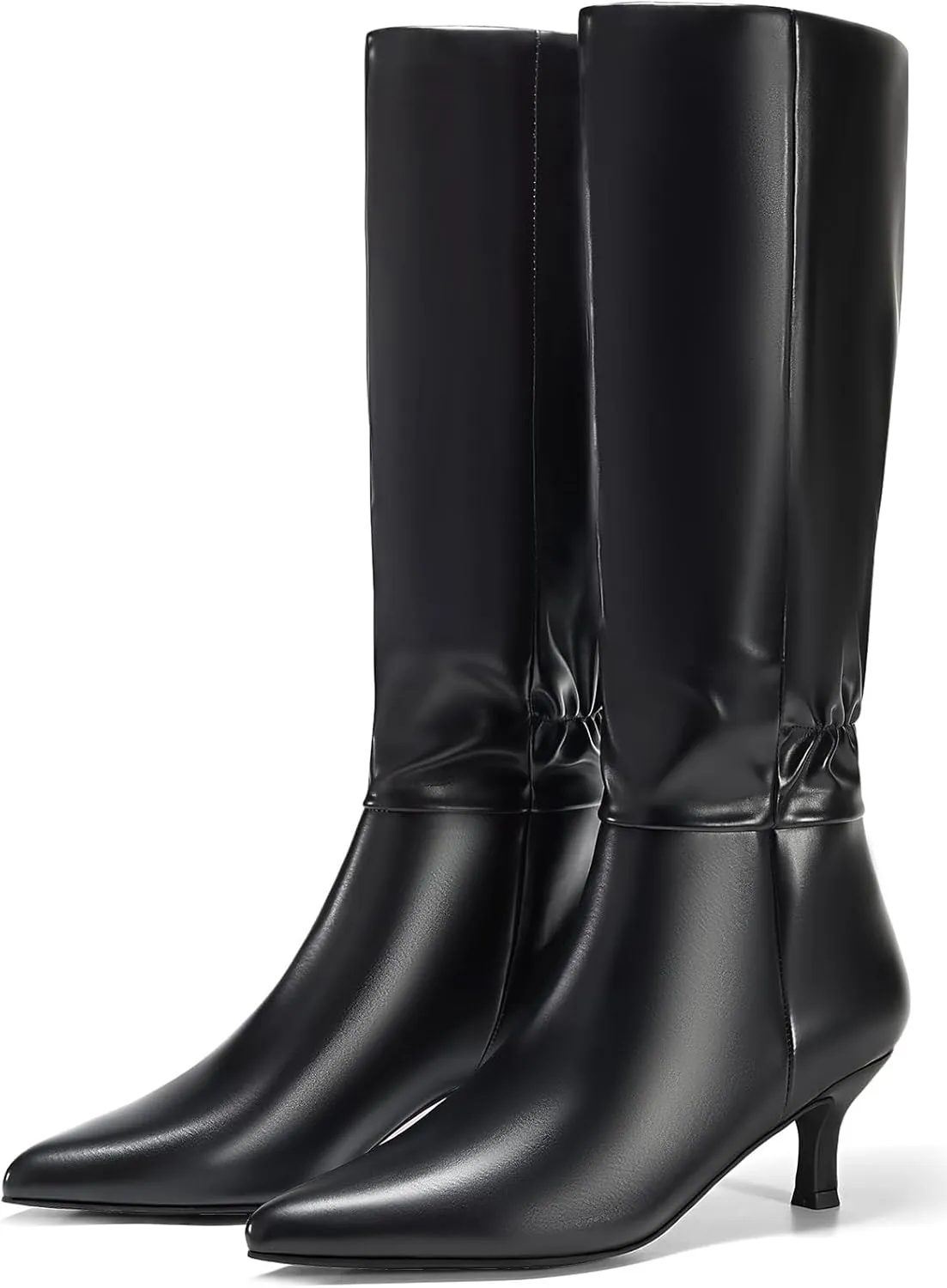 Coutgo Womens Kitten Heel Knee High Boots Pointed Toe Tall Boots Pull On Winter Dress Long Boot Shoes