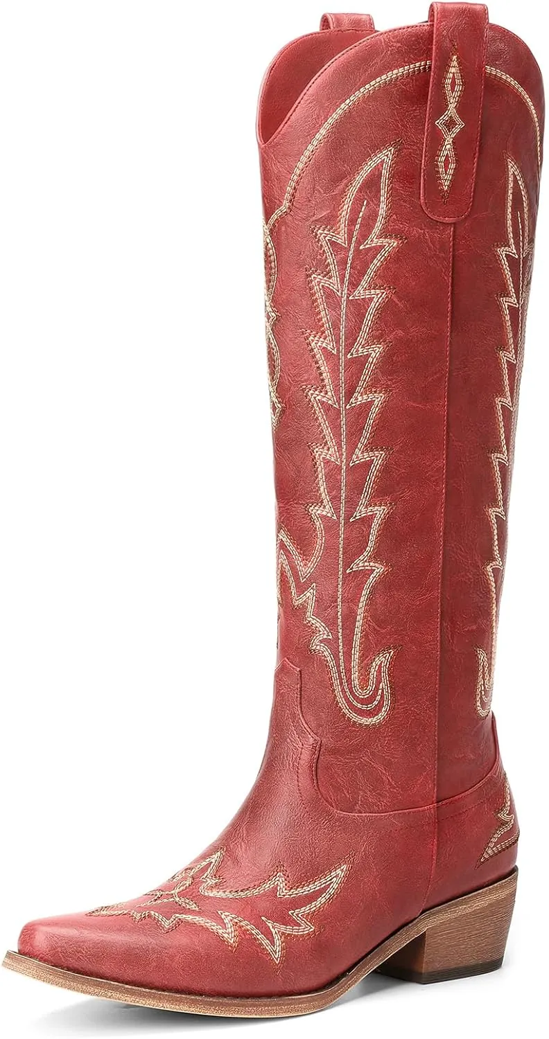 Cowboy Boots for Women - Knee High Embroidered Western Cowgirl Boots, Pointed Toe Chunky Heel Retro Country Boots, Pull On Zipper Vintage Fashion Tall Boots for Girls Ladies