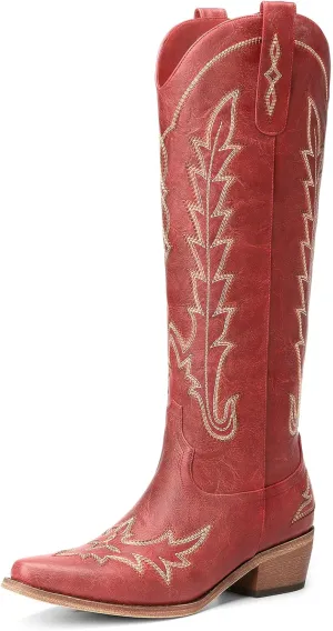 Cowboy Boots for Women - Knee High Embroidered Western Cowgirl Boots, Pointed Toe Chunky Heel Retro Country Boots, Pull On Zipper Vintage Fashion Tall Boots for Girls Ladies