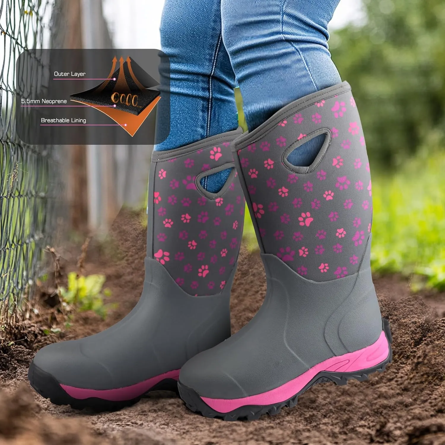 DaeRainy Neoprene Rubber Boots for Women,Waterproof Rainboots with Sturdy Neoprene for Outdoor Working Farming Fishing Hunting Gardening