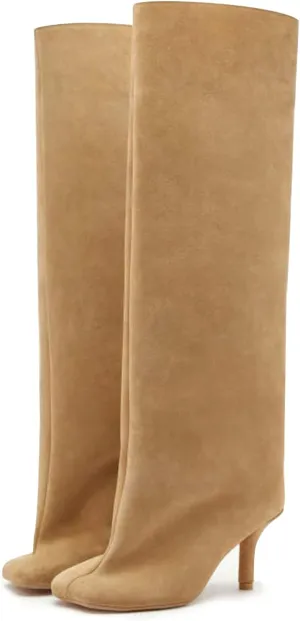 DOBOYG Suede Wide Calf Stiletto Long Fashion Boots for Women Pull On boots Kitten Heels Suede winter boots Nude Knee High Boots Comfortable Fall Boots