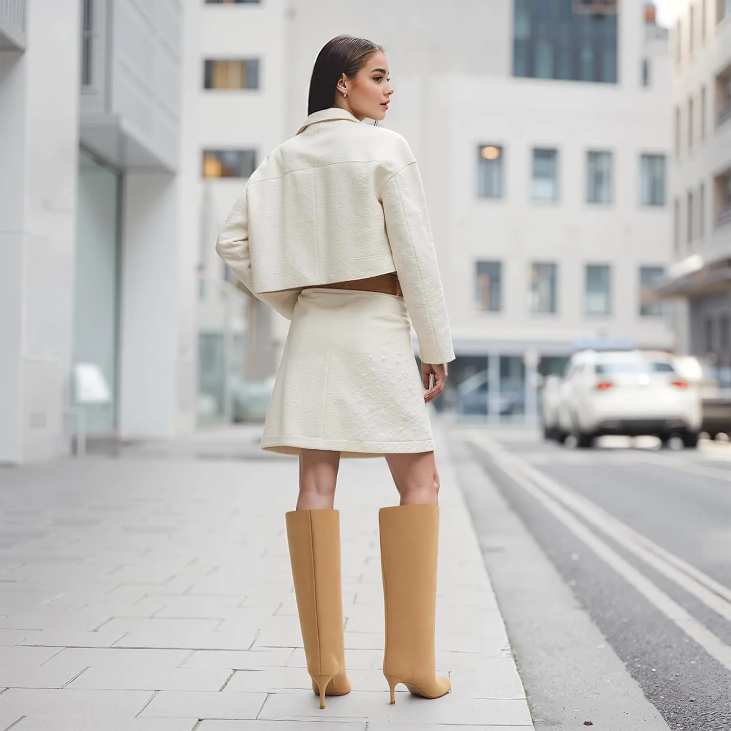 DOBOYG Suede Wide Calf Stiletto Long Fashion Boots for Women Pull On boots Kitten Heels Suede winter boots Nude Knee High Boots Comfortable Fall Boots