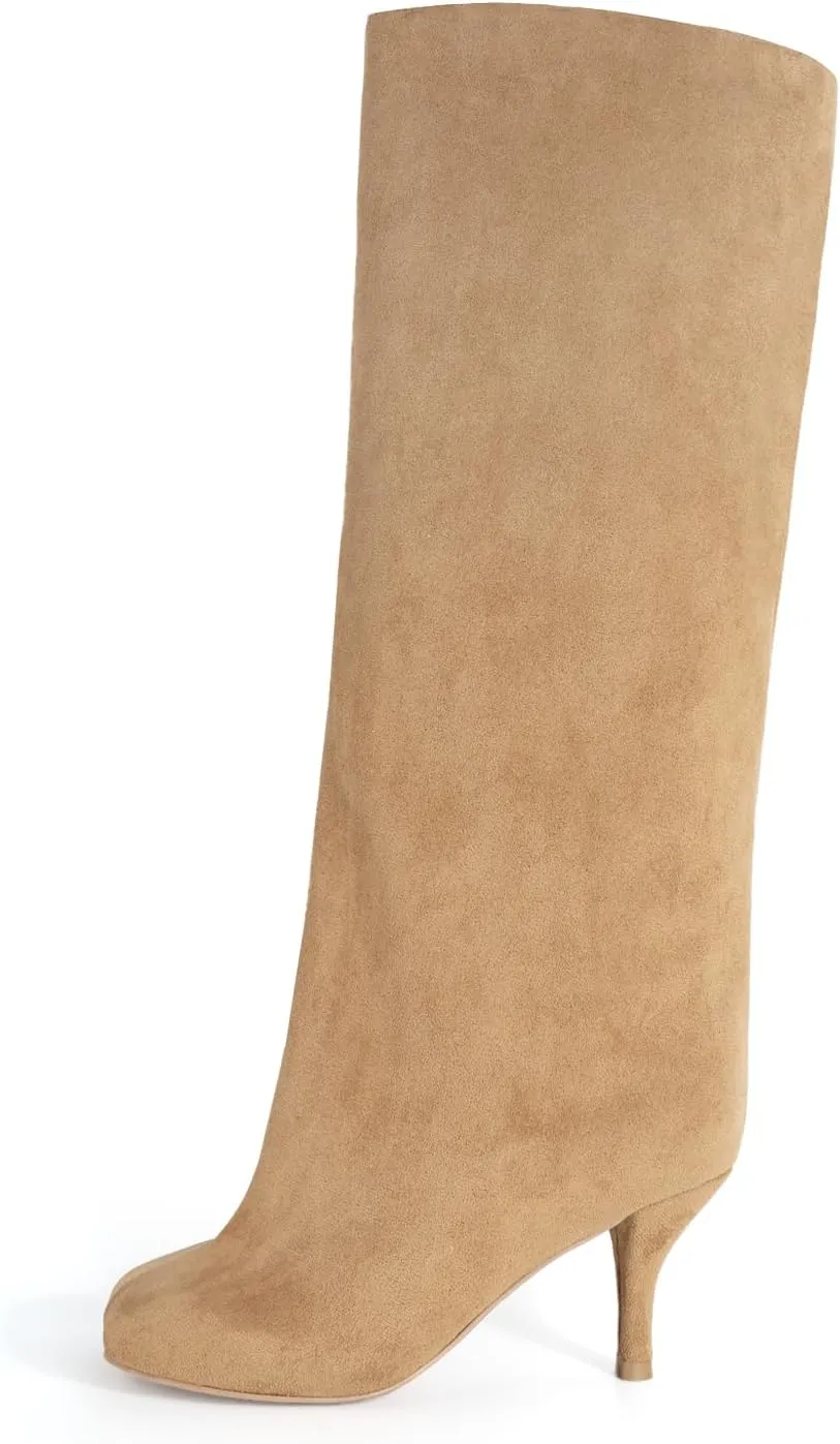 DOBOYG Suede Wide Calf Stiletto Long Fashion Boots for Women Pull On boots Kitten Heels Suede winter boots Nude Knee High Boots Comfortable Fall Boots