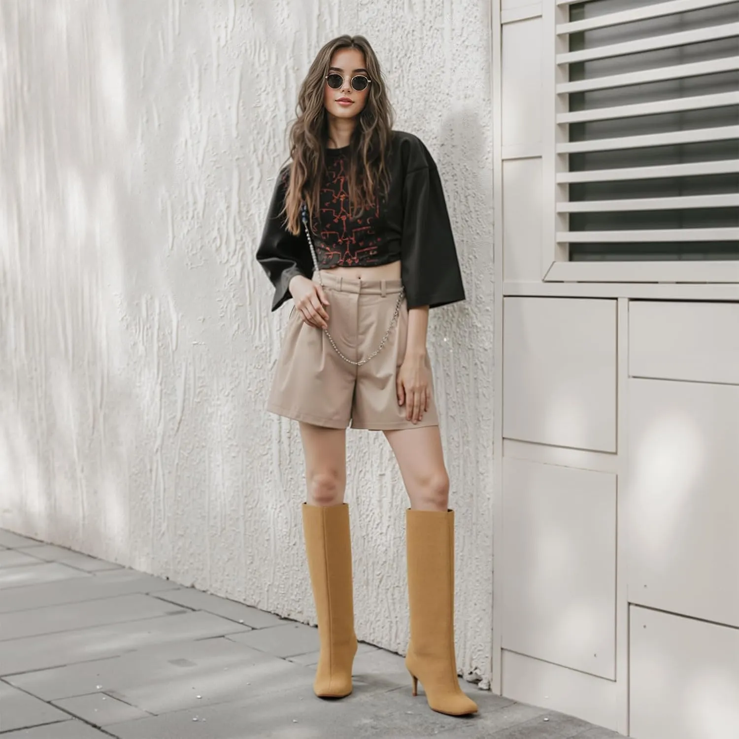 DOBOYG Suede Wide Calf Stiletto Long Fashion Boots for Women Pull On boots Kitten Heels Suede winter boots Nude Knee High Boots Comfortable Fall Boots
