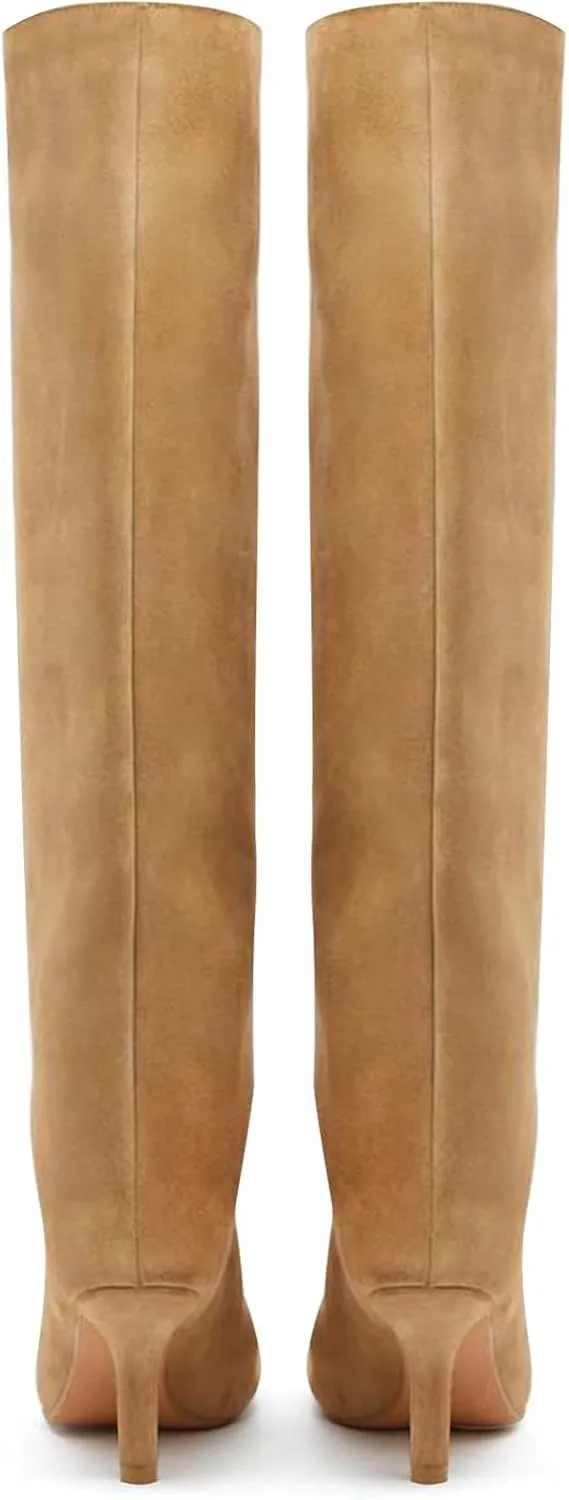 DOBOYG Suede Wide Calf Stiletto Long Fashion Boots for Women Pull On boots Kitten Heels Suede winter boots Nude Knee High Boots Comfortable Fall Boots