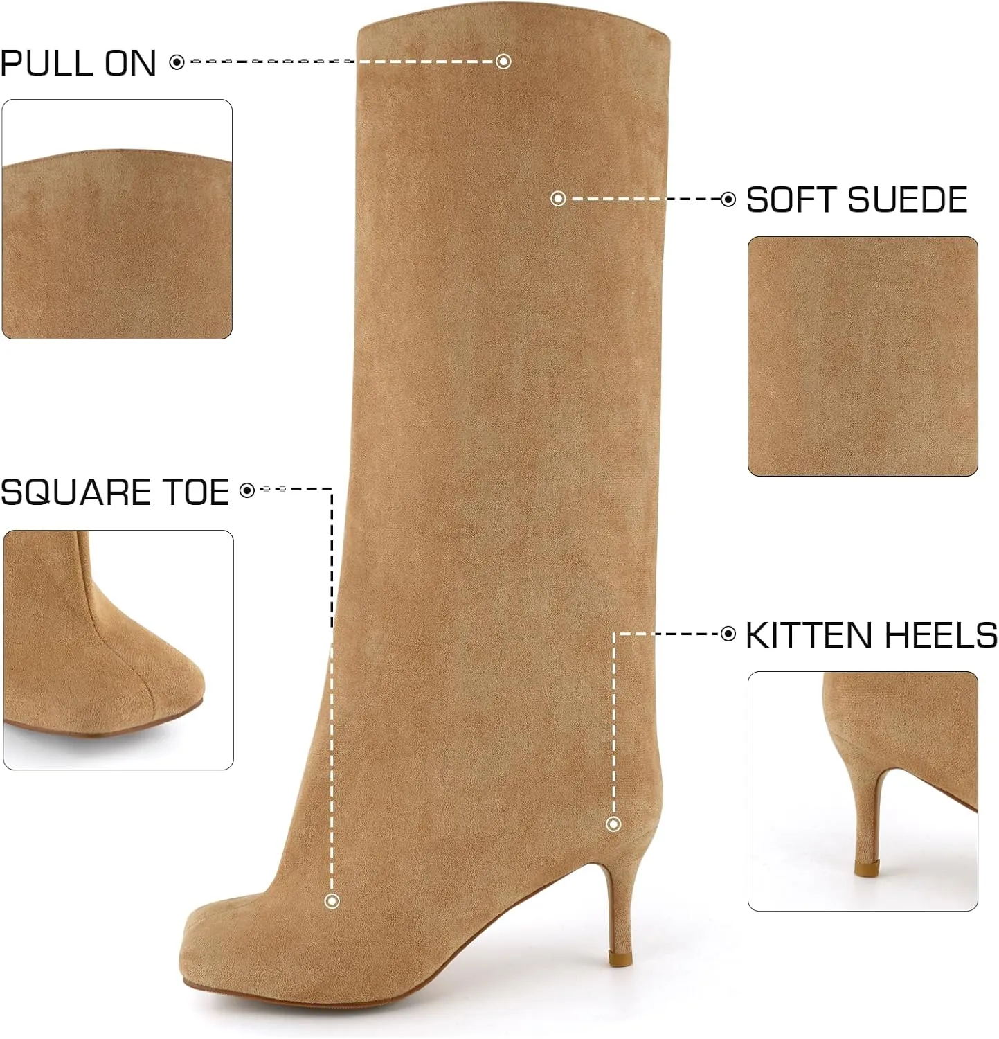 DOBOYG Suede Wide Calf Stiletto Long Fashion Boots for Women Pull On boots Kitten Heels Suede winter boots Nude Knee High Boots Comfortable Fall Boots