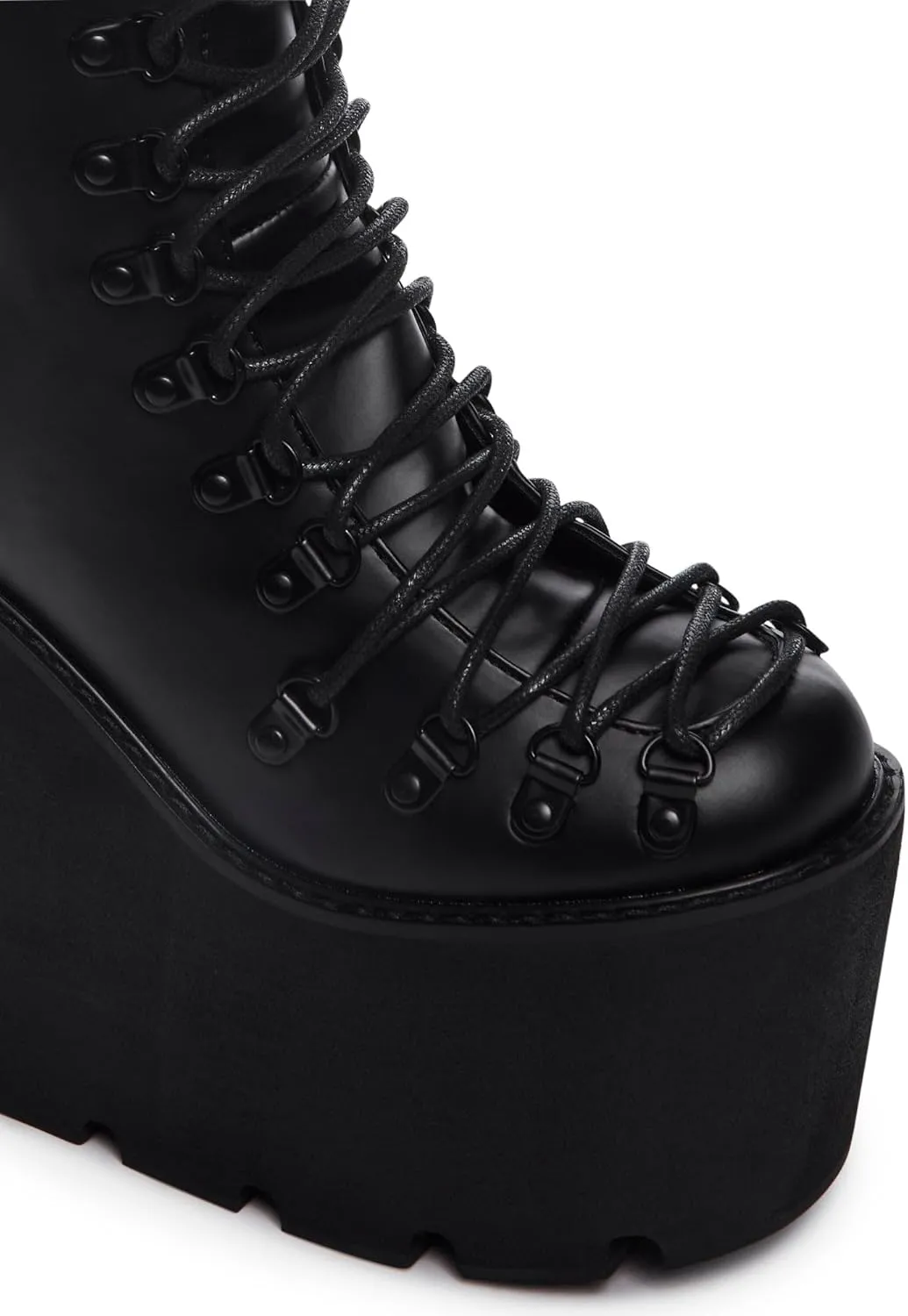 Dolls Kill Traitor Boots by Current Mood – Black Vegan Leather Platform Boots with Wedge Heels & Lace-Up Design