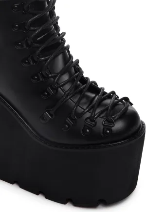 Dolls Kill Traitor Boots by Current Mood – Black Vegan Leather Platform Boots with Wedge Heels & Lace-Up Design