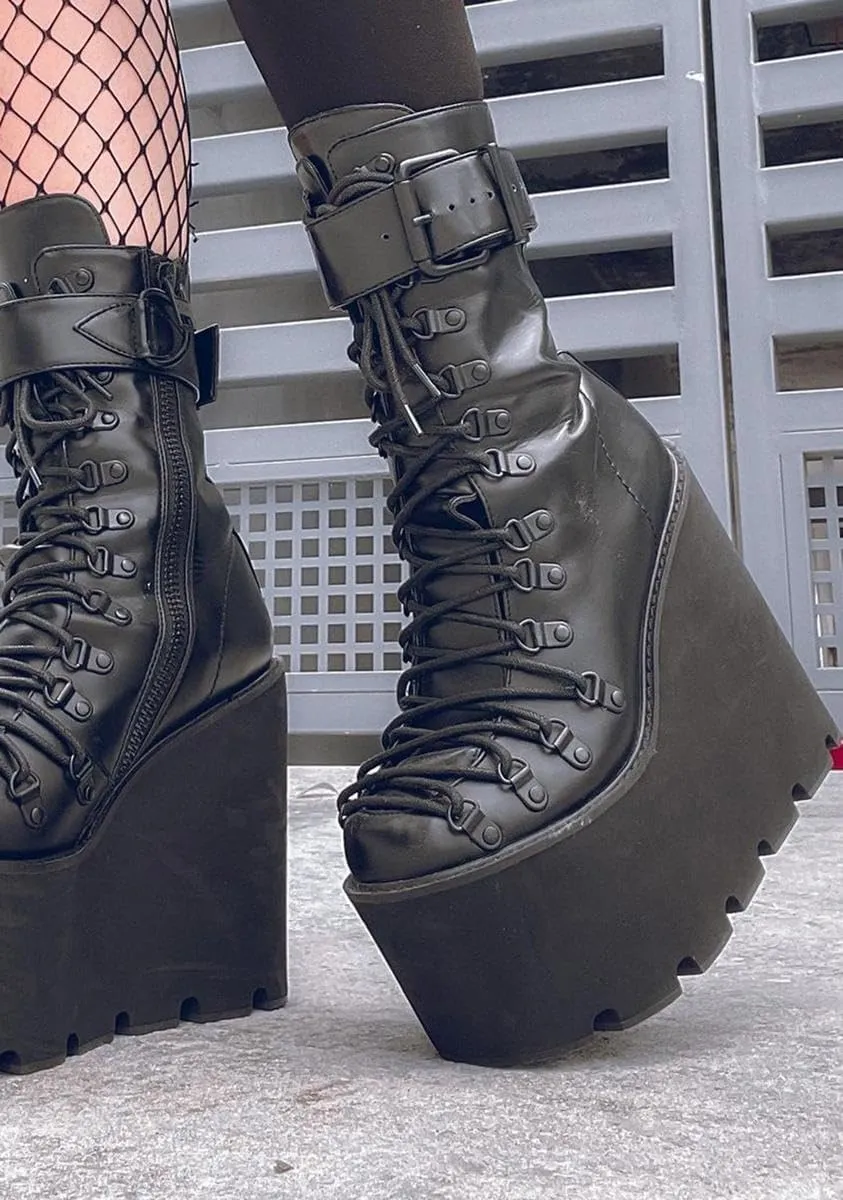 Dolls Kill Traitor Boots by Current Mood – Black Vegan Leather Platform Boots with Wedge Heels & Lace-Up Design