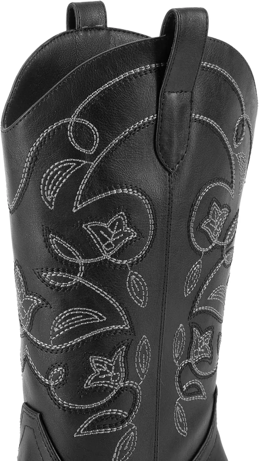DREAM PAIRS Cowboy Boots for Women Cowgirl Western Boots Fashion Embroidery Stitched Chunky Heel Mid Calf Boots