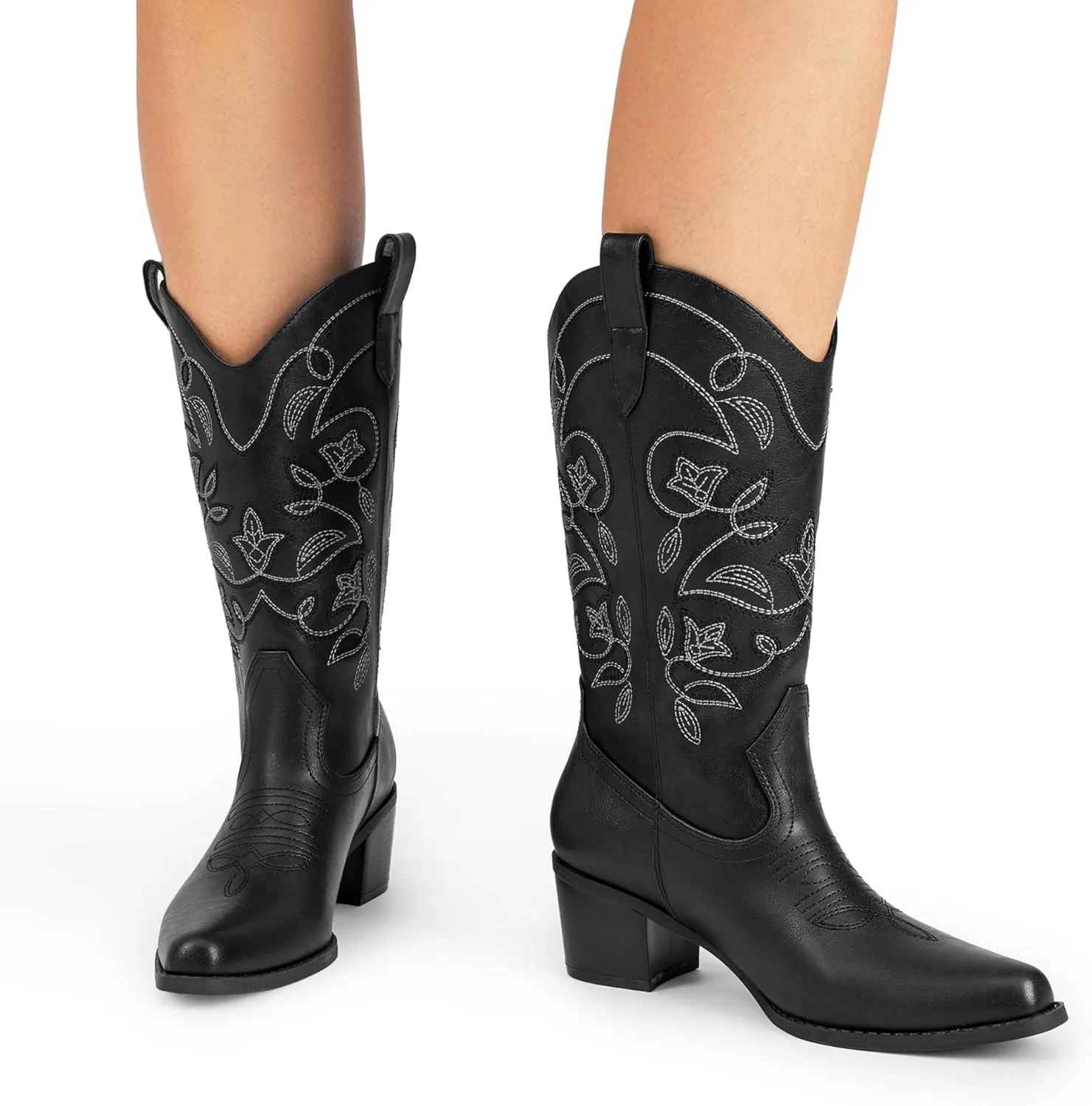 DREAM PAIRS Cowboy Boots for Women Cowgirl Western Boots Fashion Embroidery Stitched Chunky Heel Mid Calf Boots