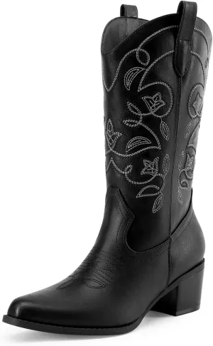 DREAM PAIRS Cowboy Boots for Women Cowgirl Western Boots Fashion Embroidery Stitched Chunky Heel Mid Calf Boots
