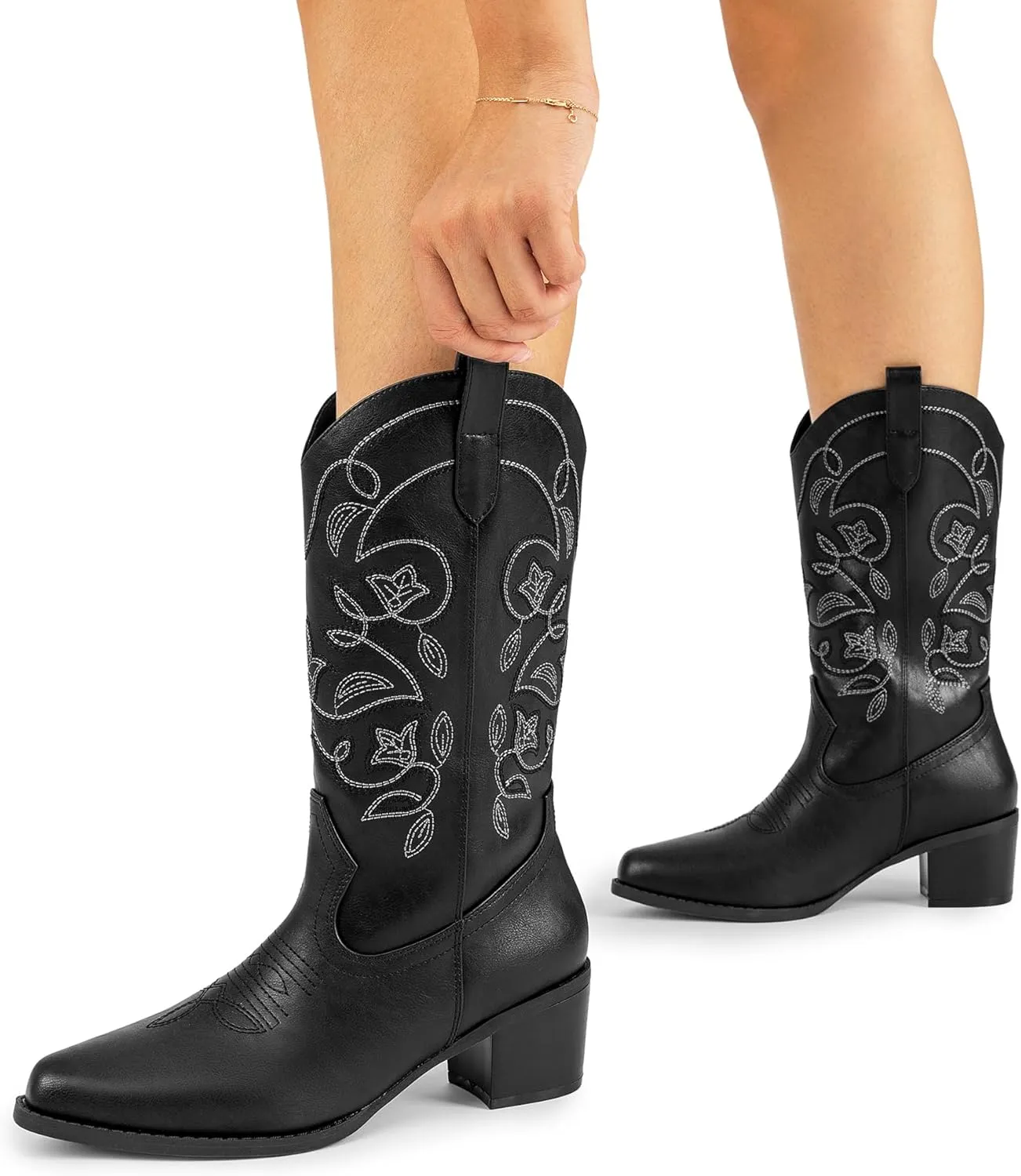 DREAM PAIRS Cowboy Boots for Women Cowgirl Western Boots Fashion Embroidery Stitched Chunky Heel Mid Calf Boots