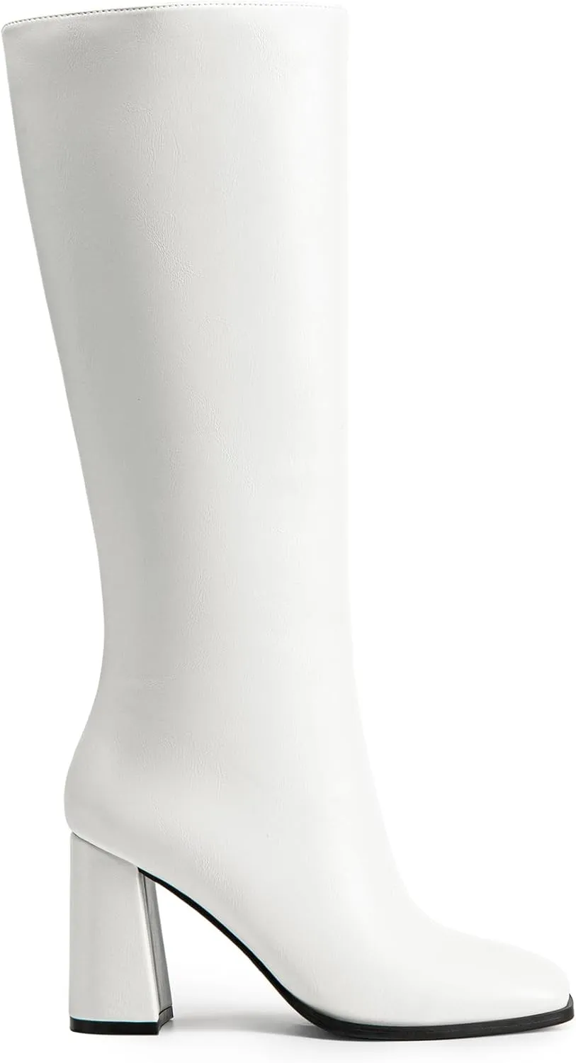 DREAM PAIRS Knee High Boots for Women Square Toe Gogo Chunky Heel with Side Zip