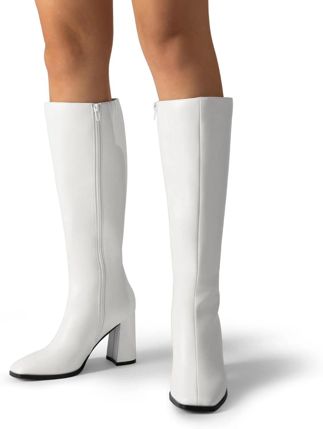 DREAM PAIRS Knee High Boots for Women Square Toe Gogo Chunky Heel with Side Zip