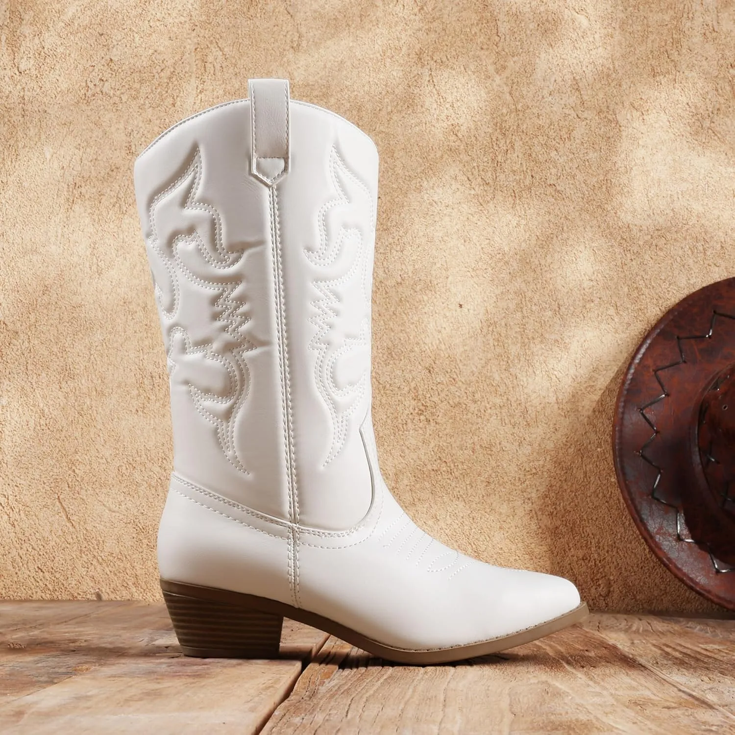 DREAM PAIRS Women's Cowboy Boots Pull On Cowgirl Boots Mid Calf Western Boots