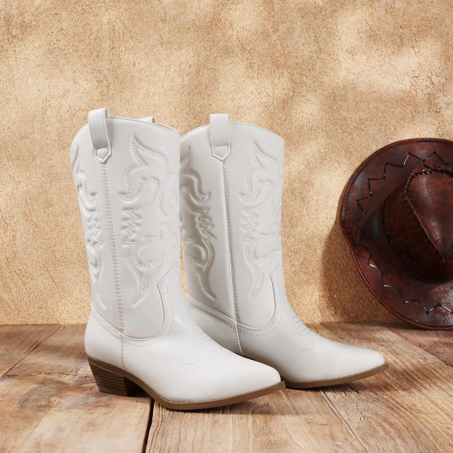 DREAM PAIRS Women's Cowboy Boots Pull On Cowgirl Boots Mid Calf Western Boots