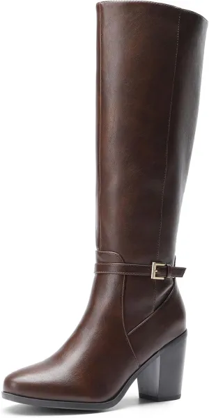 DREAM PAIRS Women's Knee-High Boots Comfortable Chunky Block Heel Riding Boots Fall Boots Pointed Toe Side Zipper Suede Tall Boots