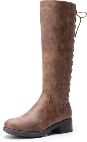 DREAM PAIRS Women's Lace Up Back Knee High Fashion Boots Low Block Heel Riding Boots Round Toe Side Zipper Fall Boots