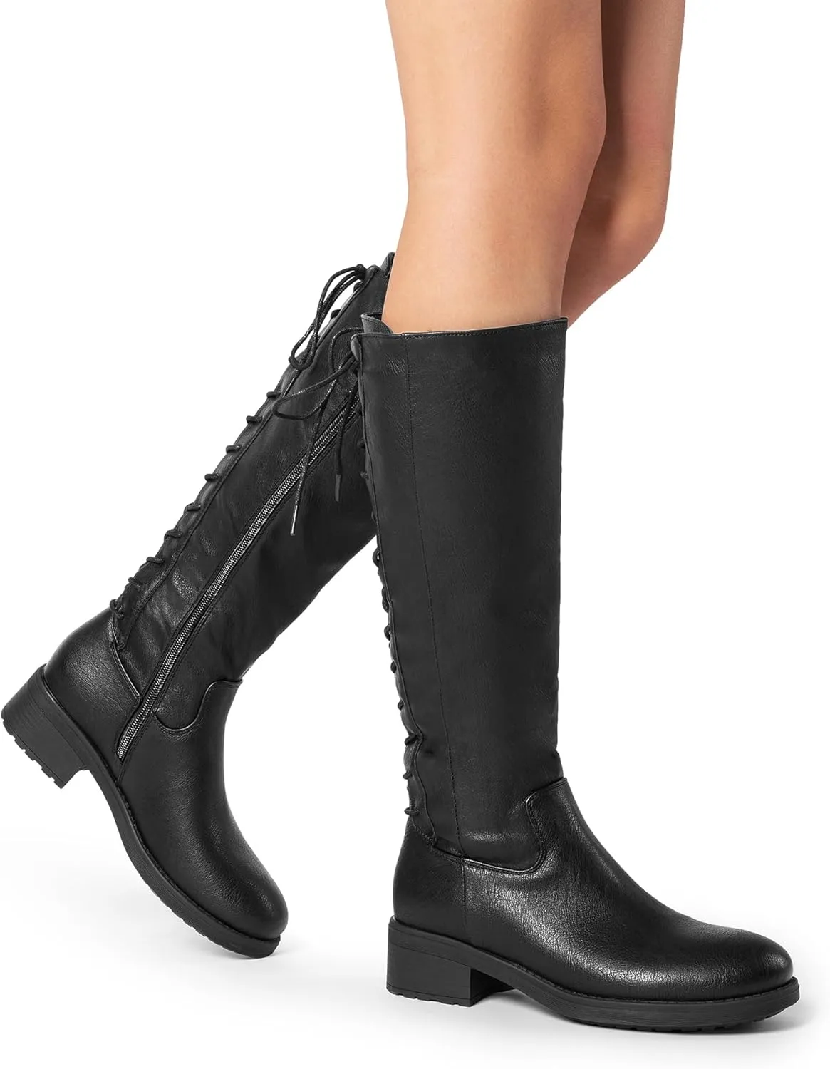 DREAM PAIRS Women's Lace Up Back Knee High Fashion Boots Low Block Heel Riding Boots Round Toe Side Zipper Fall Boots