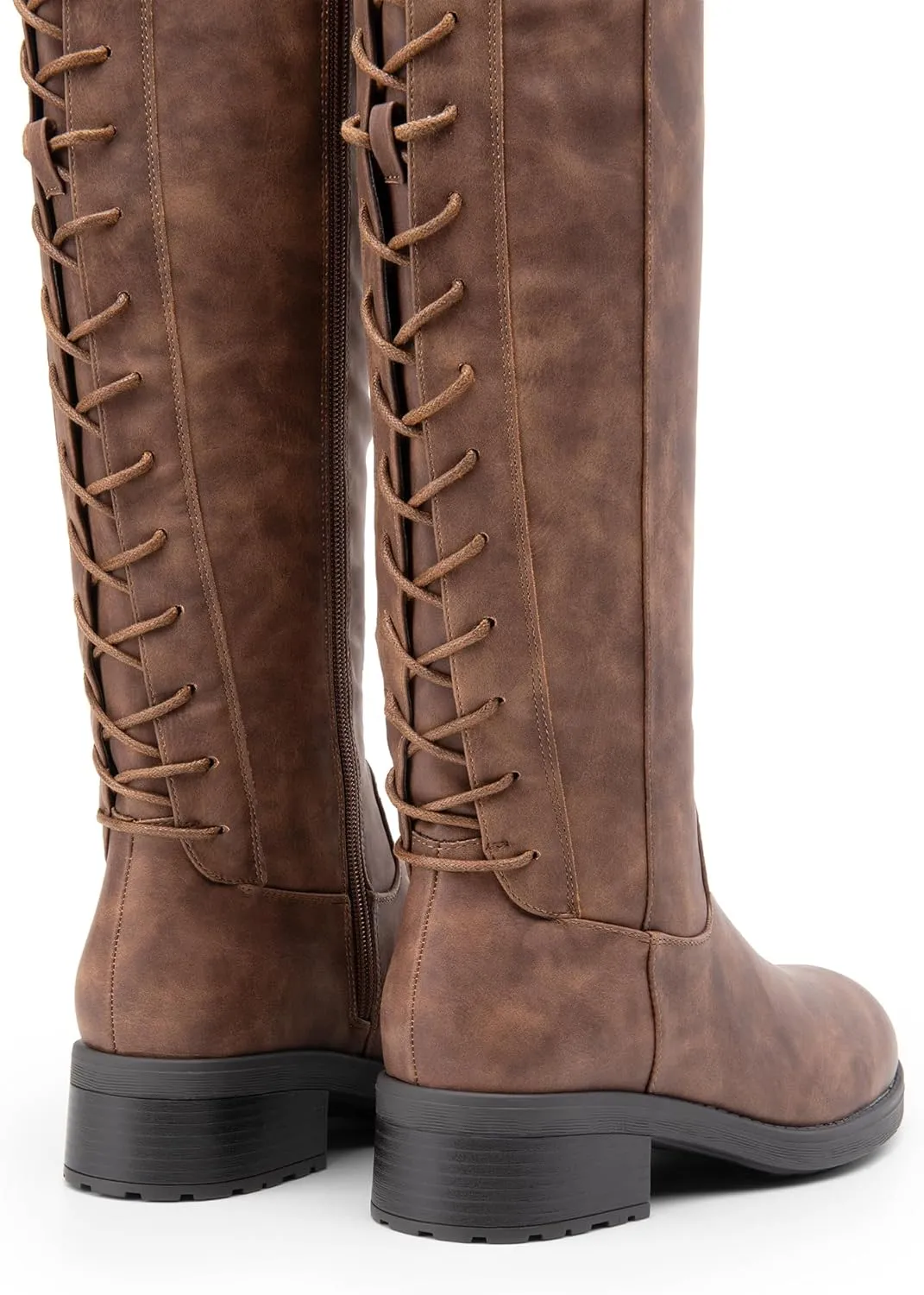 DREAM PAIRS Women's Lace Up Back Knee High Fashion Boots Low Block Heel Riding Boots Round Toe Side Zipper Fall Boots