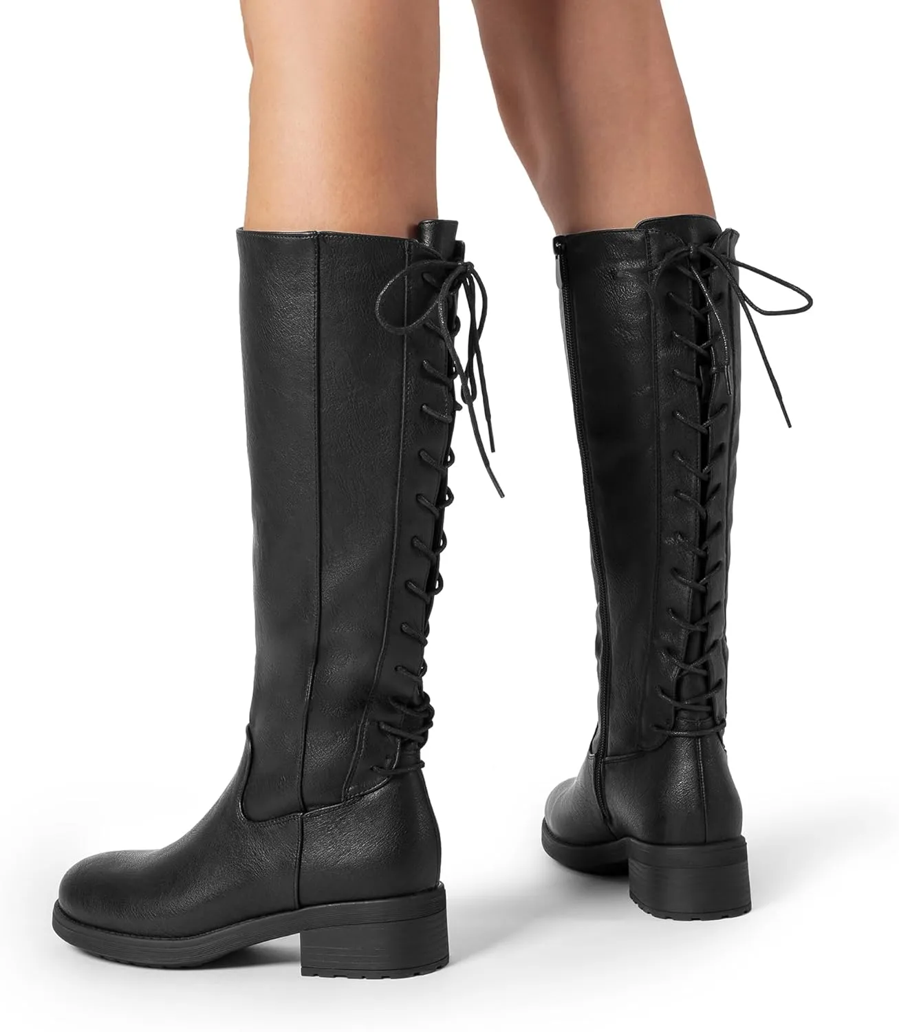 DREAM PAIRS Women's Lace Up Back Knee High Fashion Boots Low Block Heel Riding Boots Round Toe Side Zipper Fall Boots
