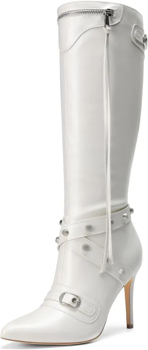 DREAM PAIRS Women's Metallic Stiletto Heeled Knee High Boots Sexy Fashion Pointed Toe Dress Boots with Stud and Zipper Tassel