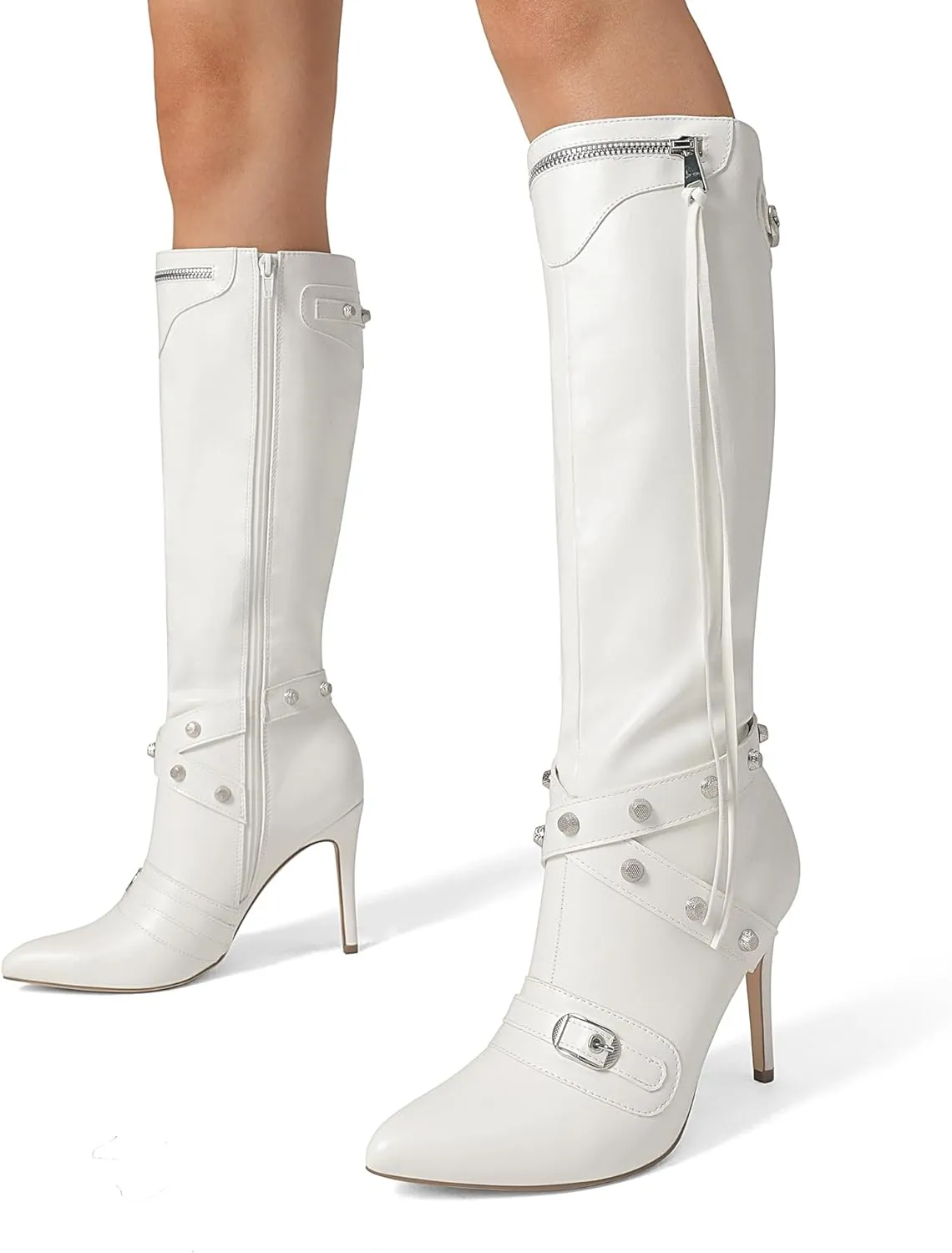 DREAM PAIRS Women's Metallic Stiletto Heeled Knee High Boots Sexy Fashion Pointed Toe Dress Boots with Stud and Zipper Tassel