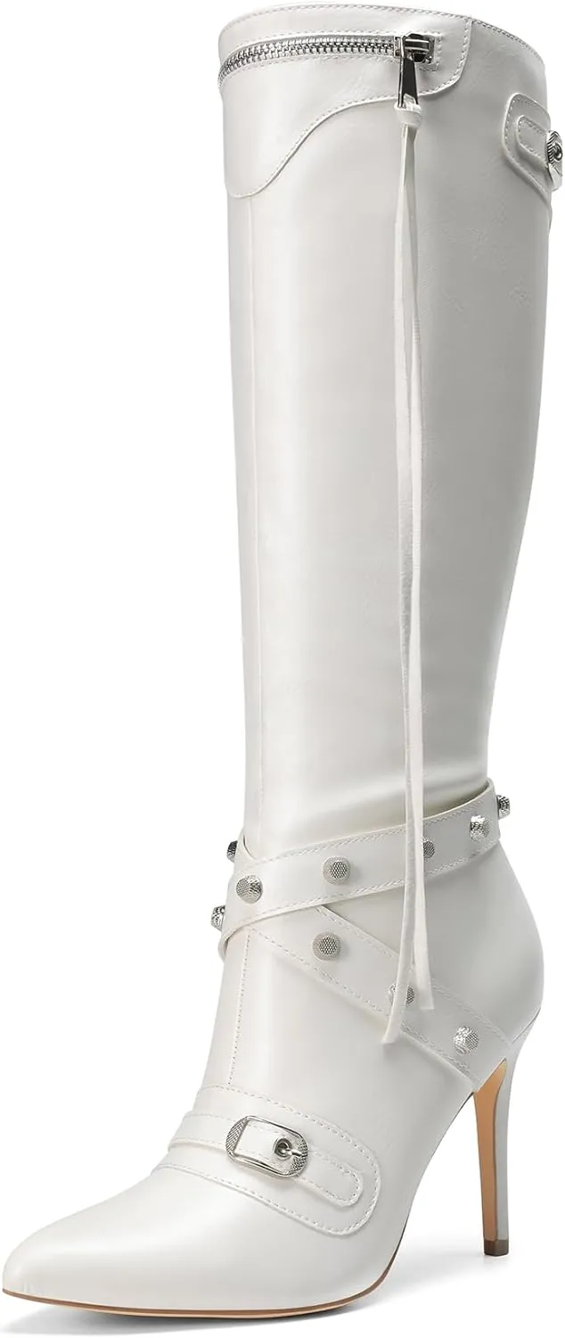 DREAM PAIRS Women's Metallic Stiletto Heeled Knee High Boots Sexy Fashion Pointed Toe Dress Boots with Stud and Zipper Tassel