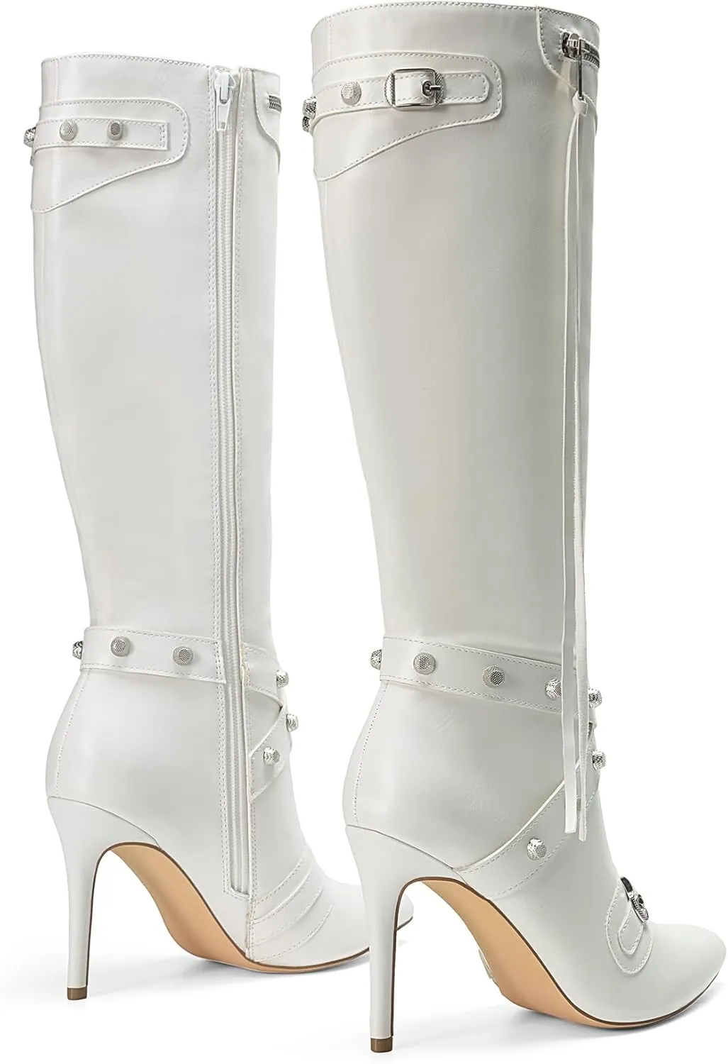 DREAM PAIRS Women's Metallic Stiletto Heeled Knee High Boots Sexy Fashion Pointed Toe Dress Boots with Stud and Zipper Tassel