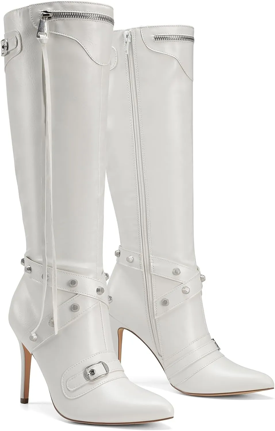 DREAM PAIRS Women's Metallic Stiletto Heeled Knee High Boots Sexy Fashion Pointed Toe Dress Boots with Stud and Zipper Tassel