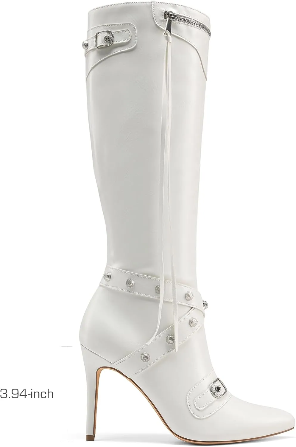 DREAM PAIRS Women's Metallic Stiletto Heeled Knee High Boots Sexy Fashion Pointed Toe Dress Boots with Stud and Zipper Tassel