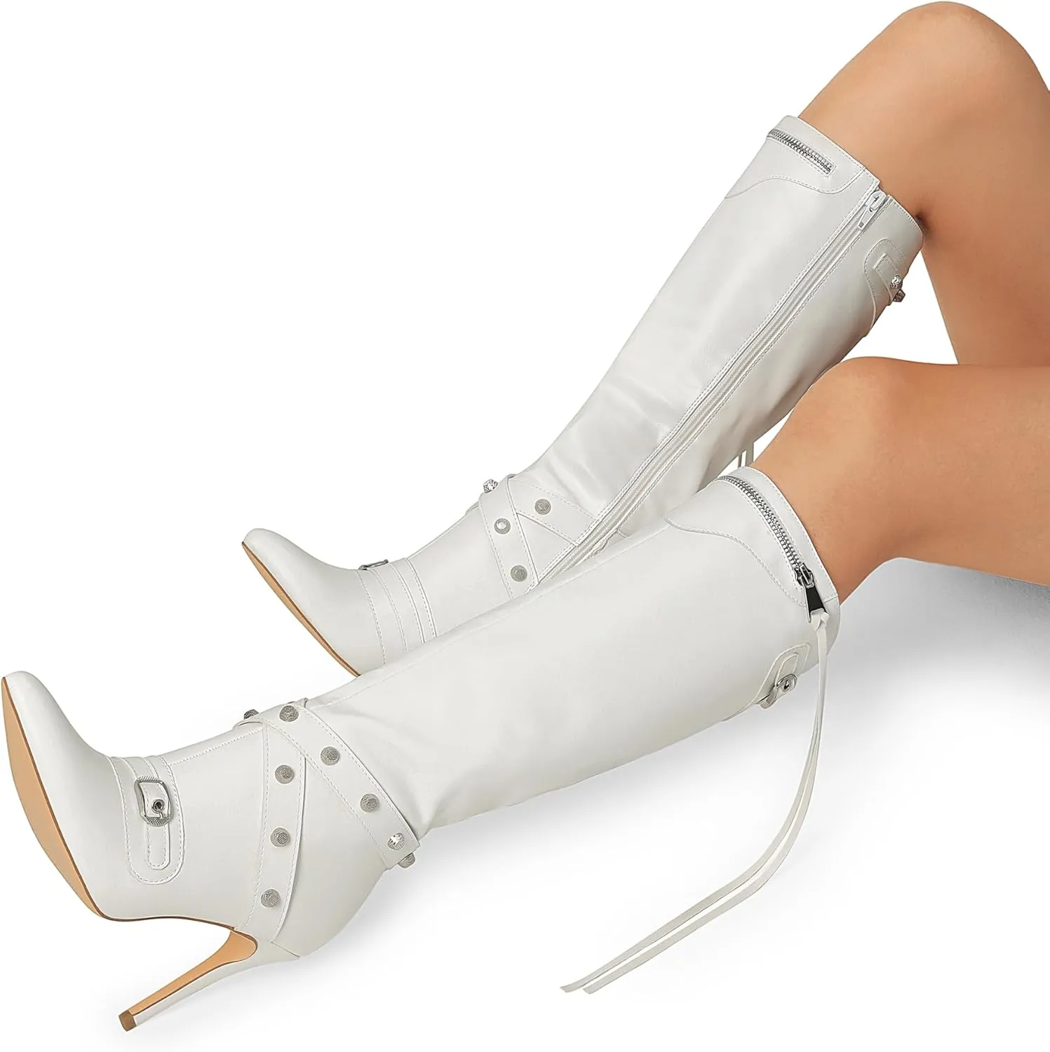 DREAM PAIRS Women's Metallic Stiletto Heeled Knee High Boots Sexy Fashion Pointed Toe Dress Boots with Stud and Zipper Tassel