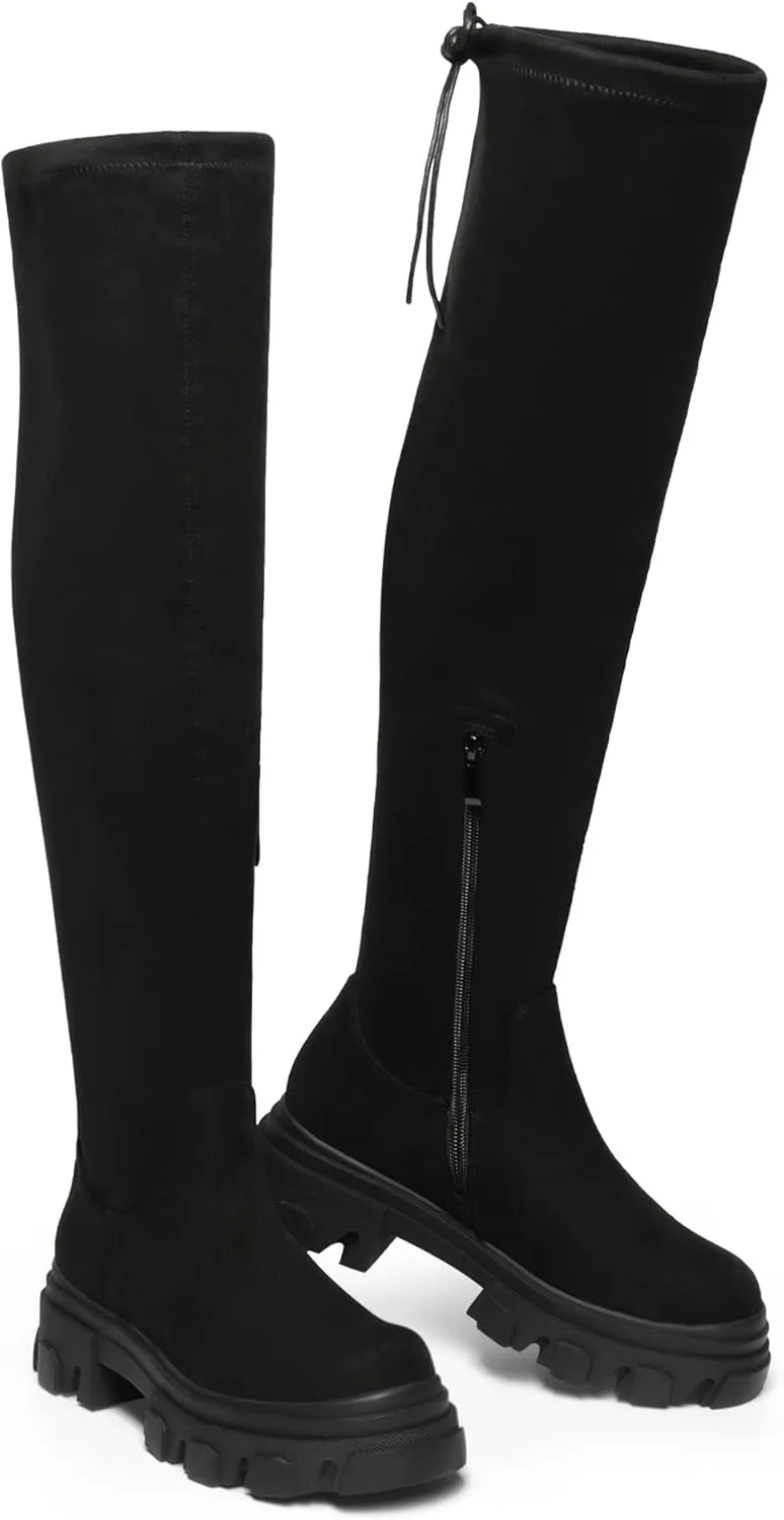 DREAM PAIRS Women's Over The Knee Platform Thigh High Boots Long Stretch Soft Chunky Lug Sole Fall Boots