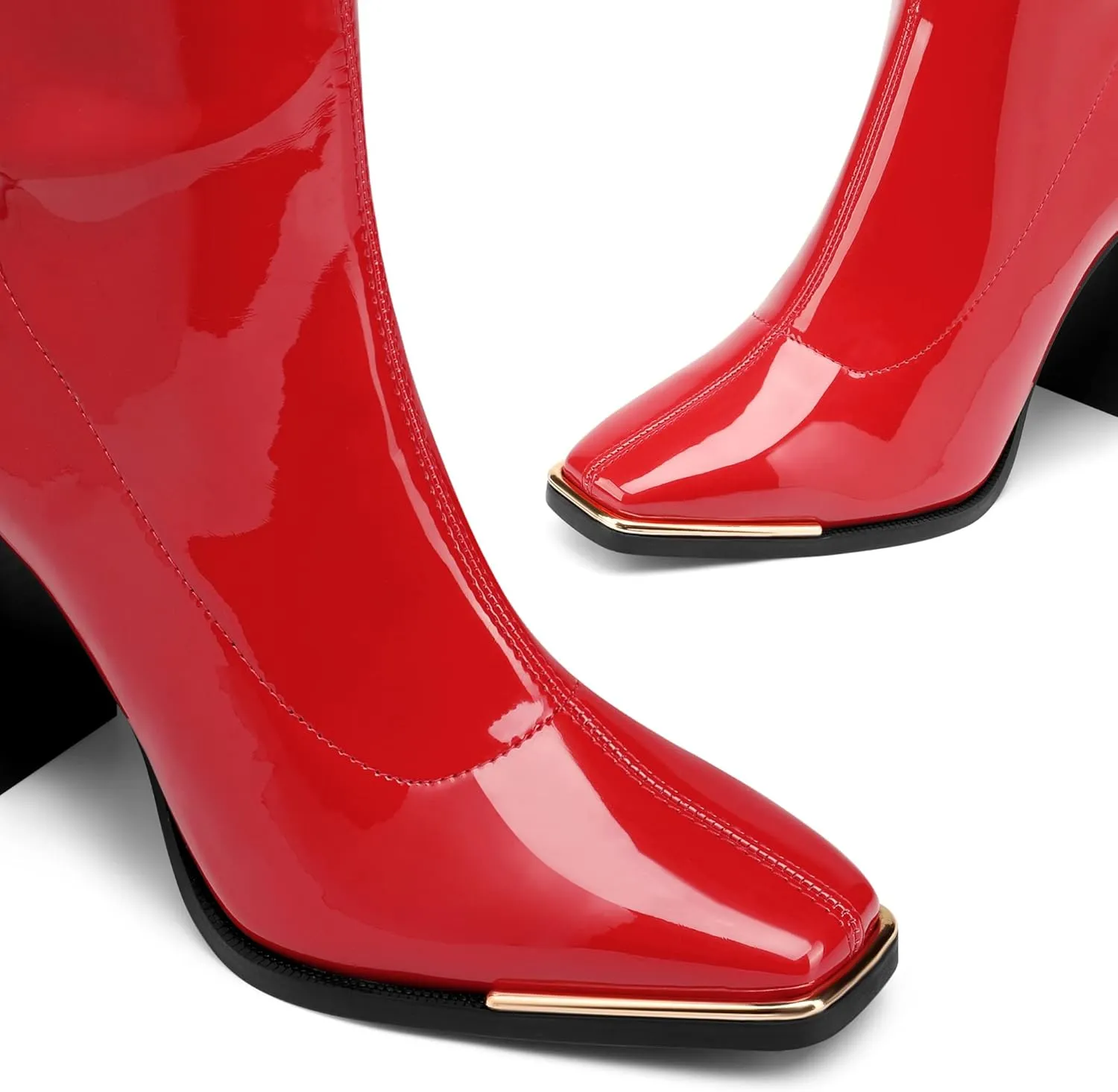 DREAM PAIRS Women's Square Toe Gogo Boots Elastic Ankle Boots High Chunky Block Heel Mid Calf Boots