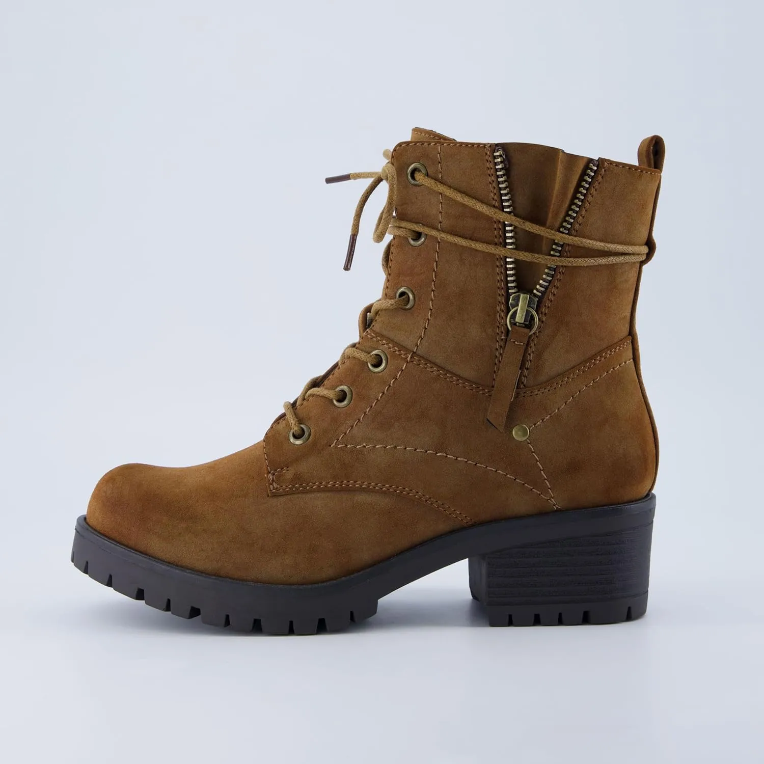 Dunes Women's Kobe Heeled Combat Boots – Lace-Up with Side Zipper, Memory Foam Insoles, Faux Fur Lining, Vegan Nubuck Leather, Wide Widths Available