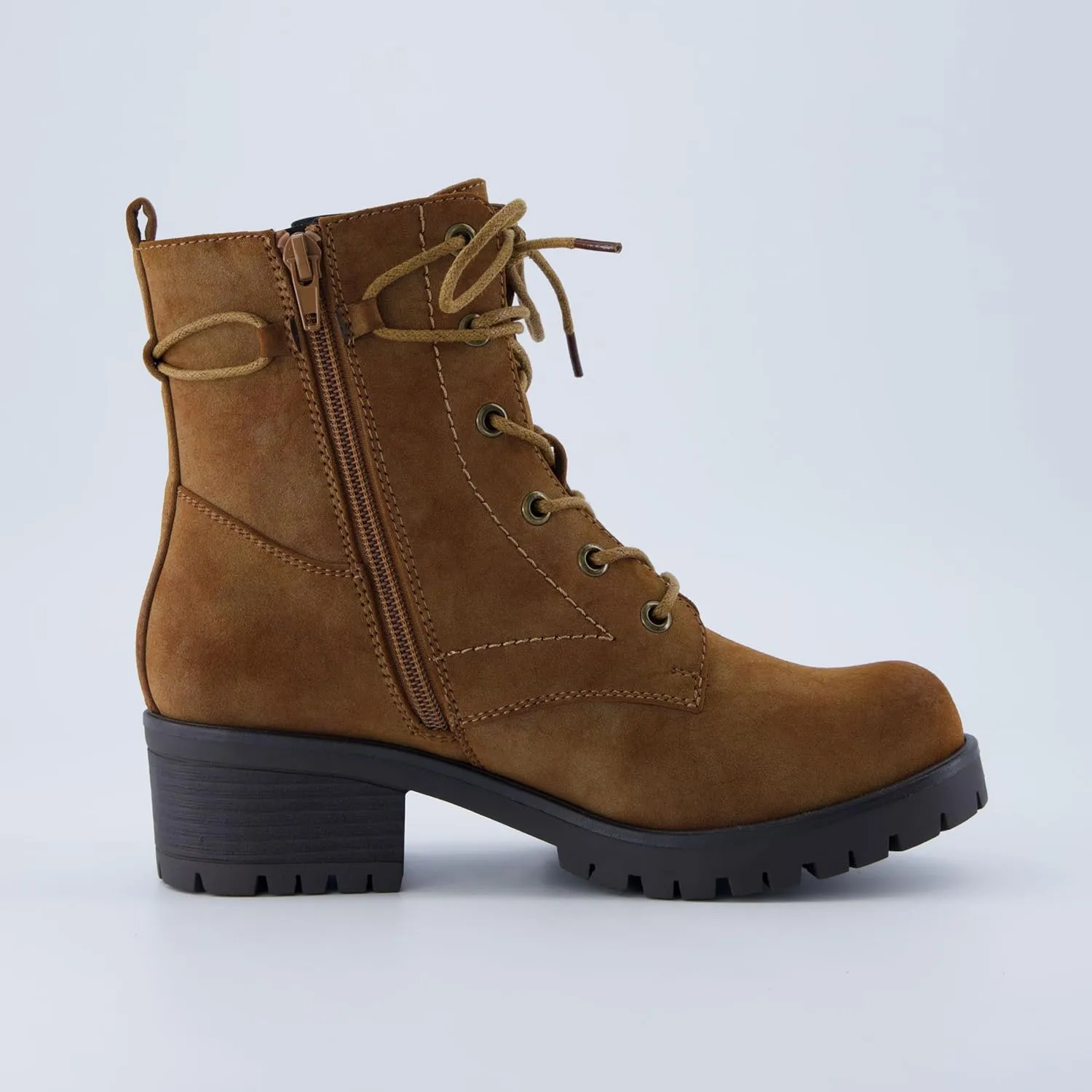 Dunes Women's Kobe Heeled Combat Boots – Lace-Up with Side Zipper, Memory Foam Insoles, Faux Fur Lining, Vegan Nubuck Leather, Wide Widths Available
