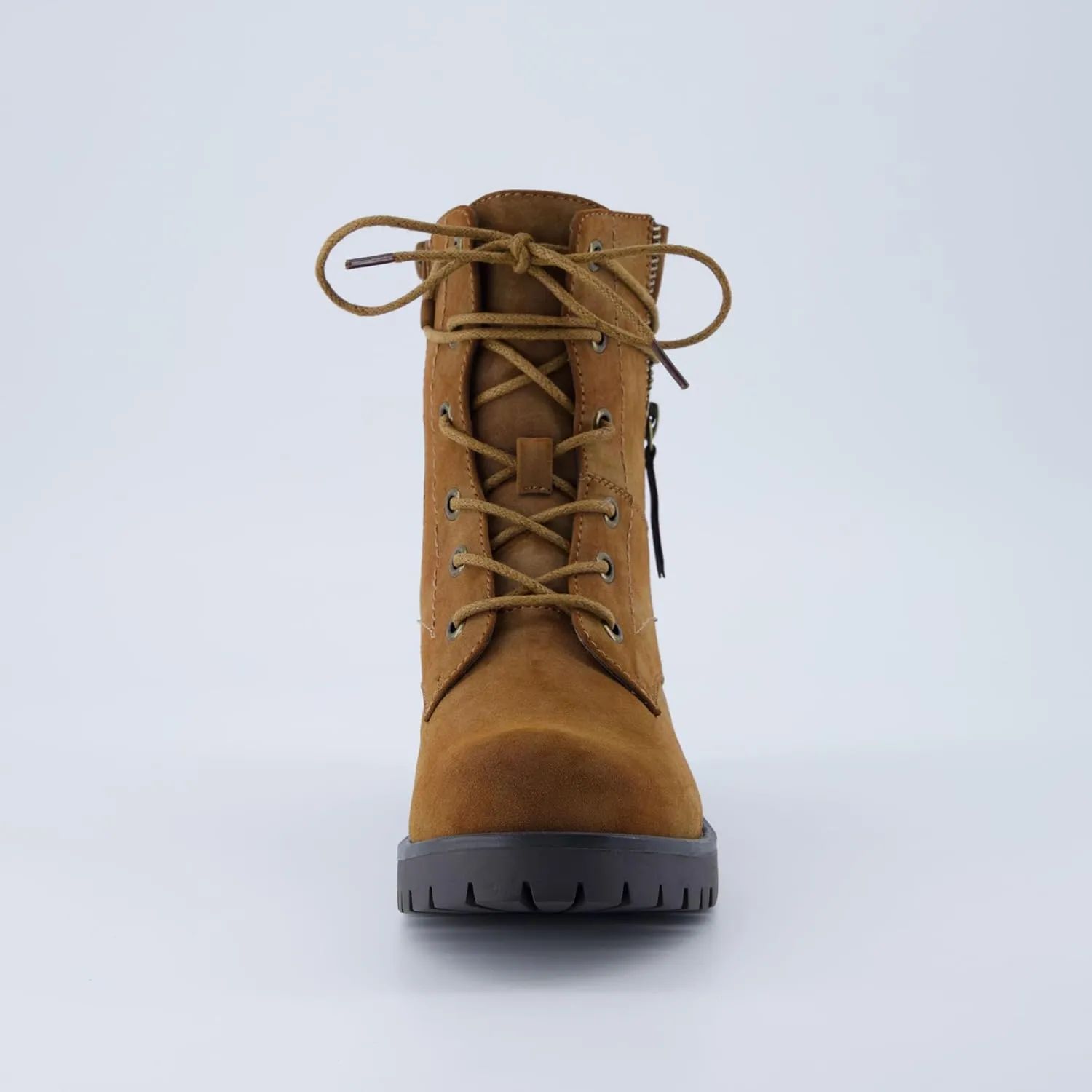 Dunes Women's Kobe Heeled Combat Boots – Lace-Up with Side Zipper, Memory Foam Insoles, Faux Fur Lining, Vegan Nubuck Leather, Wide Widths Available